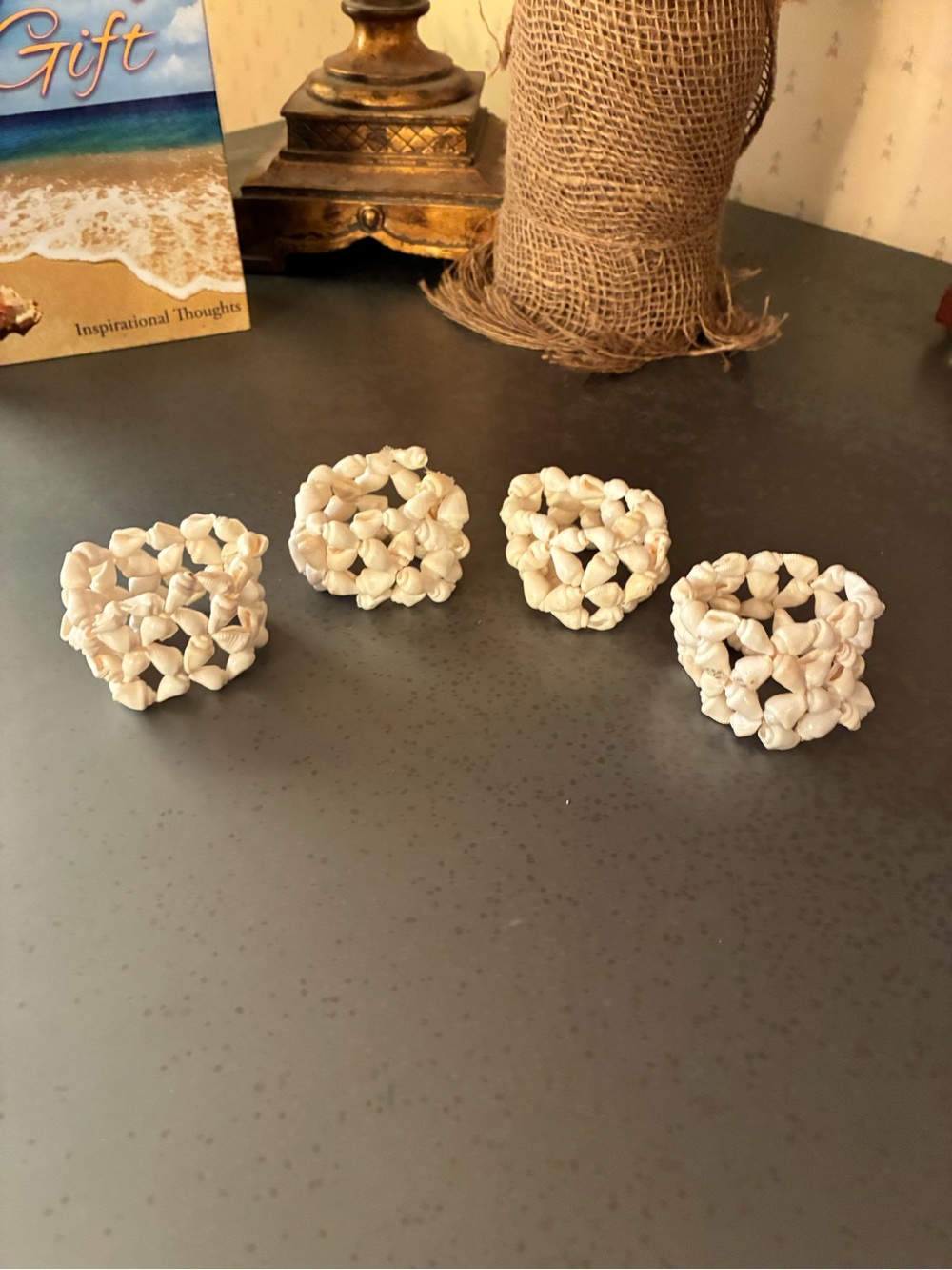 Set of 4 VINTAGE Sea shell napkin rings, small WHITE clustered cowrie shells.
